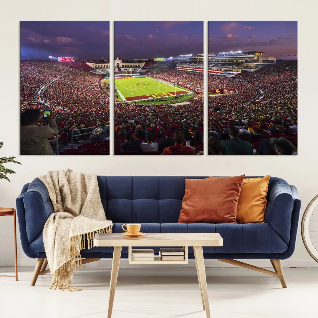 Add a touch of elegance to your living space with "The University of Southern California USC Trojans Football Team Print." This stunning canvas print captures the vibrant atmosphere of the Los Angeles Memorial Coliseum at night. Crafted on premium canvas, it features a gallery-quality finish that elevates any décor.