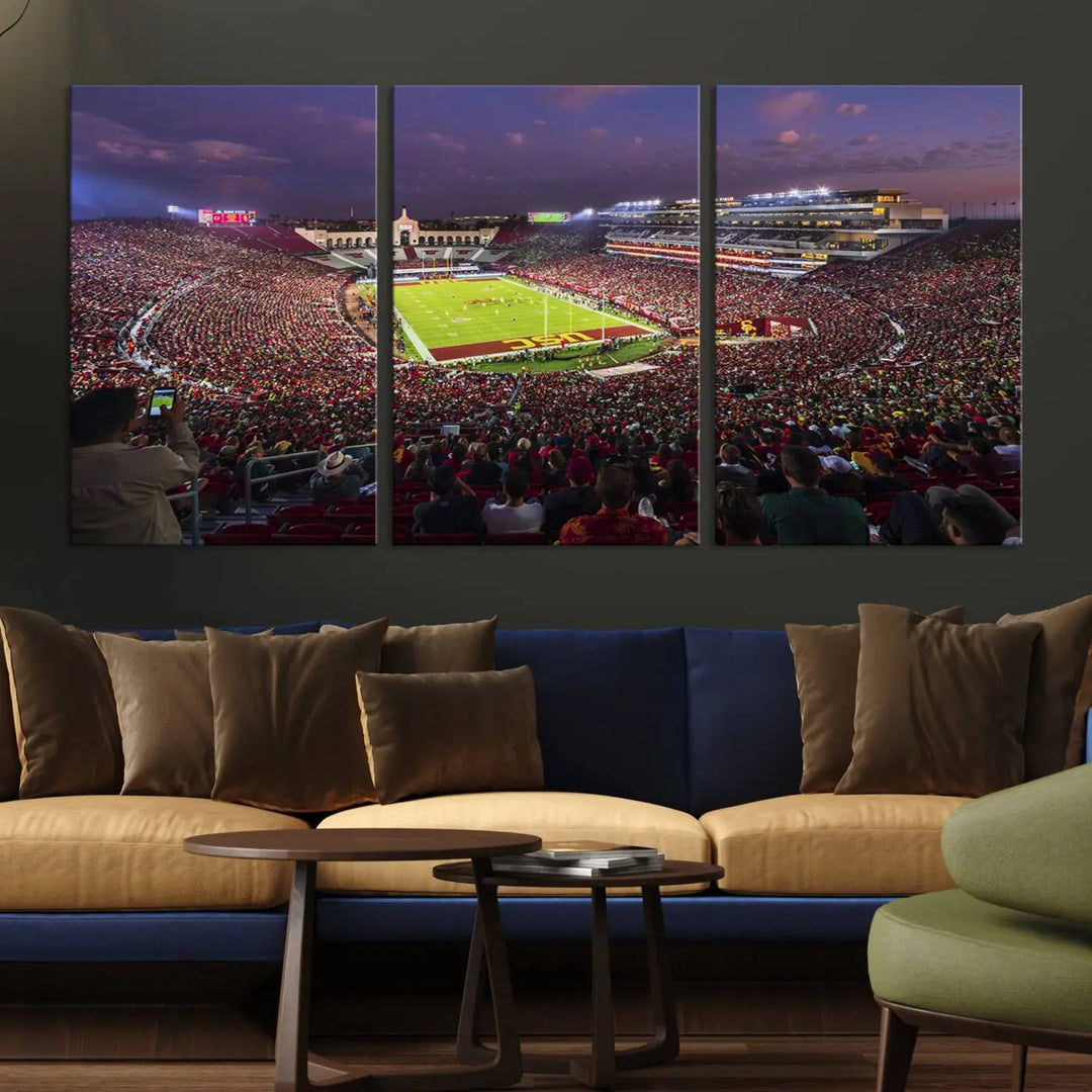 Add a touch of elegance to your living space with "The University of Southern California USC Trojans Football Team Print." This stunning canvas print captures the vibrant atmosphere of the Los Angeles Memorial Coliseum at night. Crafted on premium canvas, it features a gallery-quality finish that elevates any décor.