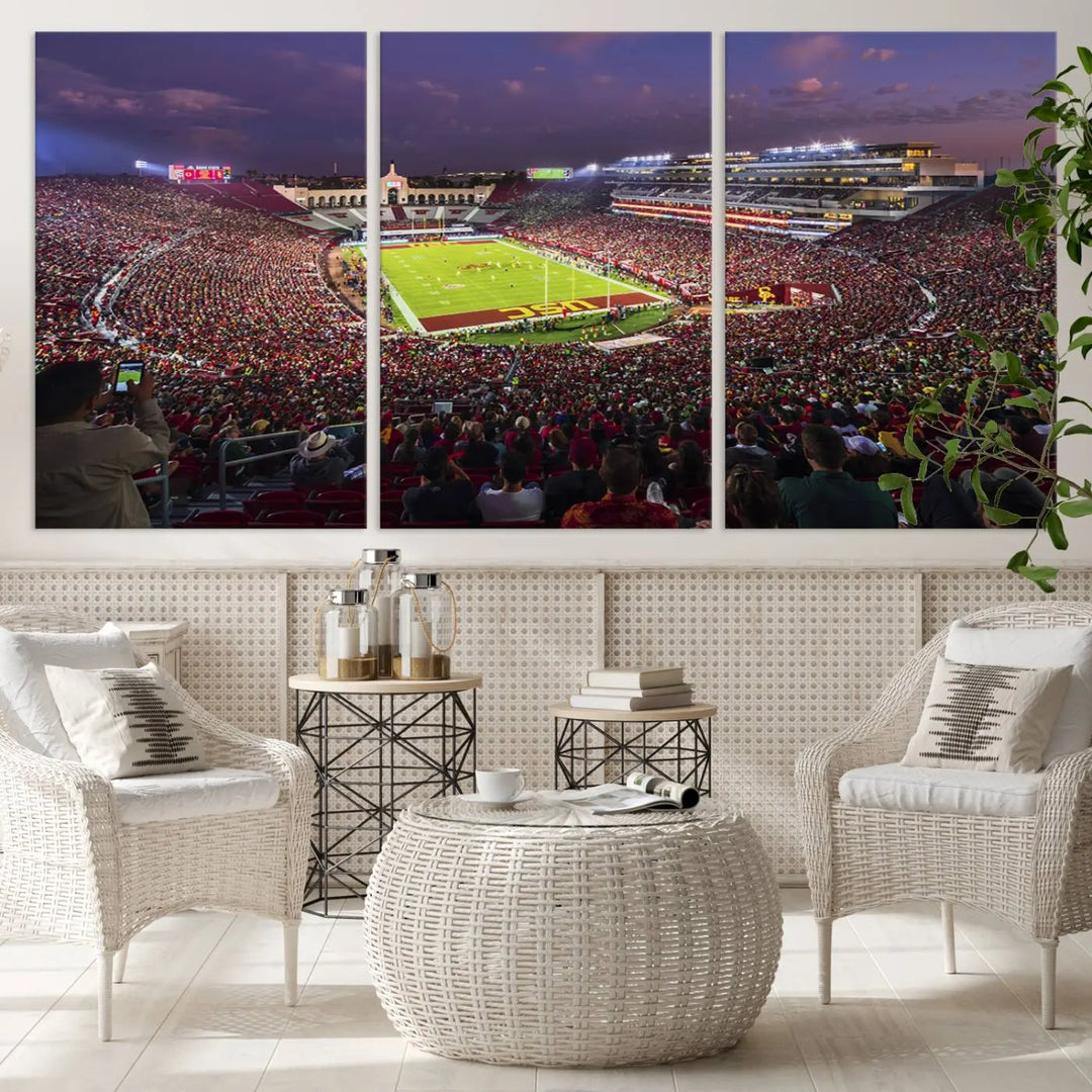 Add a touch of elegance to your living space with "The University of Southern California USC Trojans Football Team Print." This stunning canvas print captures the vibrant atmosphere of the Los Angeles Memorial Coliseum at night. Crafted on premium canvas, it features a gallery-quality finish that elevates any décor.