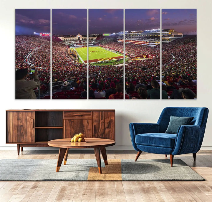 Add a touch of elegance to your living space with "The University of Southern California USC Trojans Football Team Print." This stunning canvas print captures the vibrant atmosphere of the Los Angeles Memorial Coliseum at night. Crafted on premium canvas, it features a gallery-quality finish that elevates any décor.