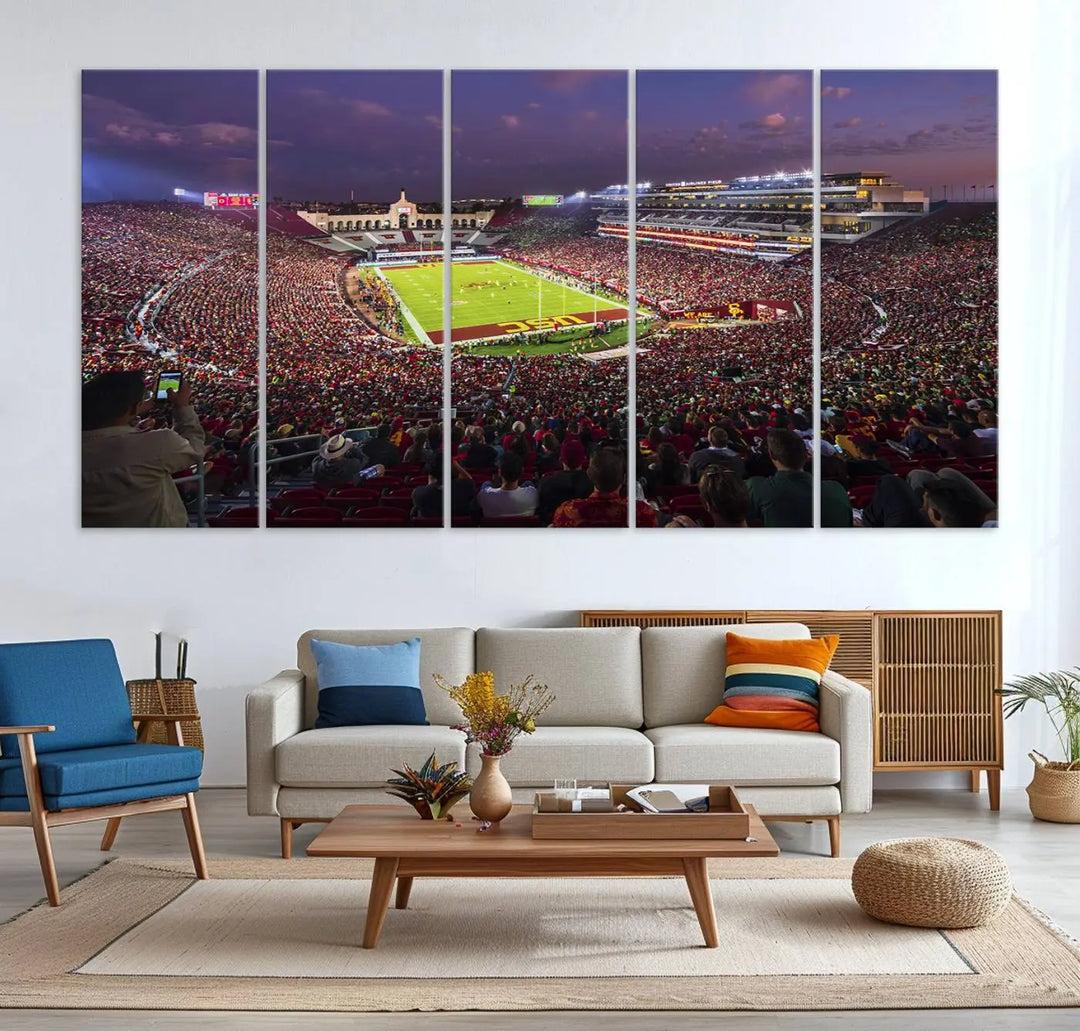 Add a touch of elegance to your living space with "The University of Southern California USC Trojans Football Team Print." This stunning canvas print captures the vibrant atmosphere of the Los Angeles Memorial Coliseum at night. Crafted on premium canvas, it features a gallery-quality finish that elevates any décor.