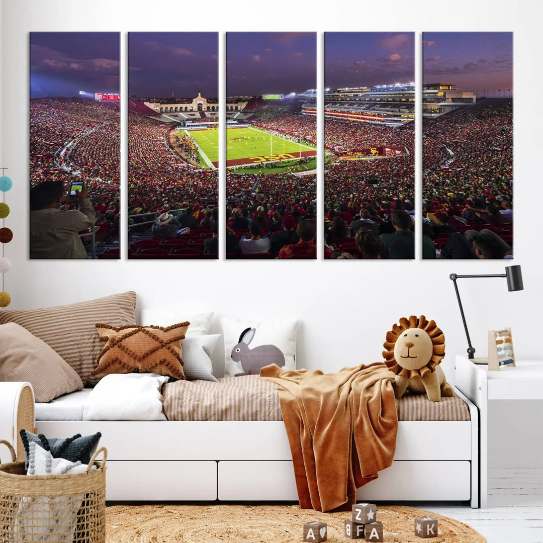 Add a touch of elegance to your living space with "The University of Southern California USC Trojans Football Team Print." This stunning canvas print captures the vibrant atmosphere of the Los Angeles Memorial Coliseum at night. Crafted on premium canvas, it features a gallery-quality finish that elevates any décor.