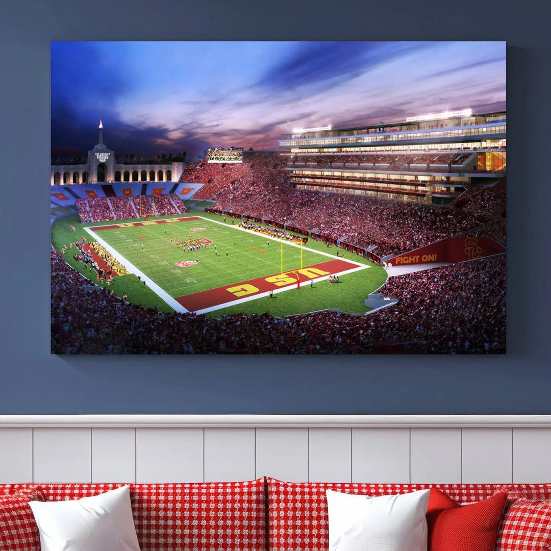 The University of Southern California USC Trojans Football Team Print - Los Angeles Memorial Coliseum Stadium Wall Art Canvas Print showcases a vibrant scene of the stadium at sunset. This gallery-quality piece on premium canvas brings an elegant and dynamic energy to your dining area.