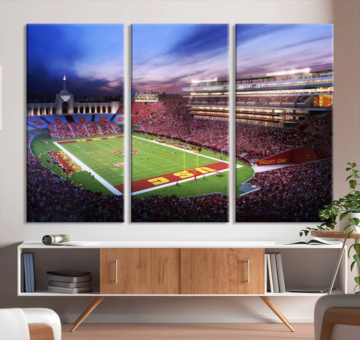 The University of Southern California USC Trojans Football Team Print - Los Angeles Memorial Coliseum Stadium Wall Art Canvas Print showcases a vibrant scene of the stadium at sunset. This gallery-quality piece on premium canvas brings an elegant and dynamic energy to your dining area.