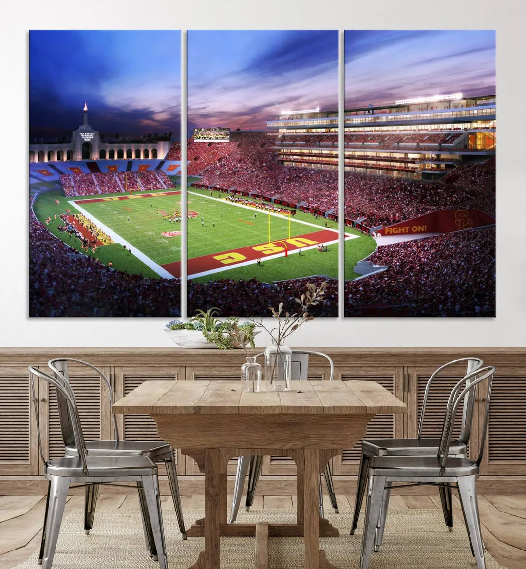 The University of Southern California USC Trojans Football Team Print - Los Angeles Memorial Coliseum Stadium Wall Art Canvas Print showcases a vibrant scene of the stadium at sunset. This gallery-quality piece on premium canvas brings an elegant and dynamic energy to your dining area.