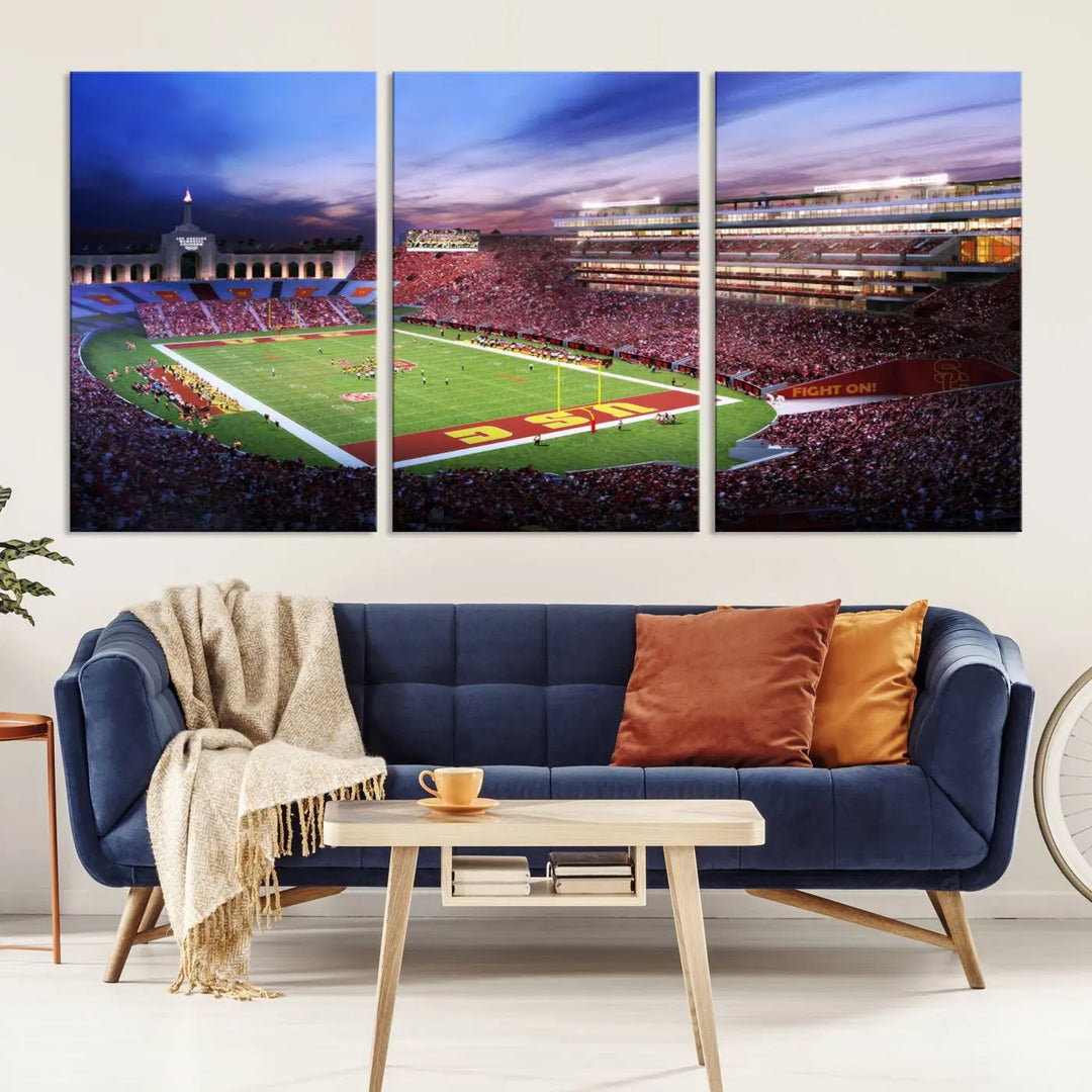 The University of Southern California USC Trojans Football Team Print - Los Angeles Memorial Coliseum Stadium Wall Art Canvas Print showcases a vibrant scene of the stadium at sunset. This gallery-quality piece on premium canvas brings an elegant and dynamic energy to your dining area.