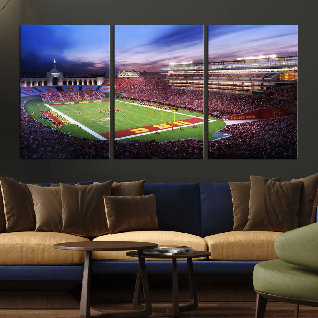 The University of Southern California USC Trojans Football Team Print - Los Angeles Memorial Coliseum Stadium Wall Art Canvas Print showcases a vibrant scene of the stadium at sunset. This gallery-quality piece on premium canvas brings an elegant and dynamic energy to your dining area.