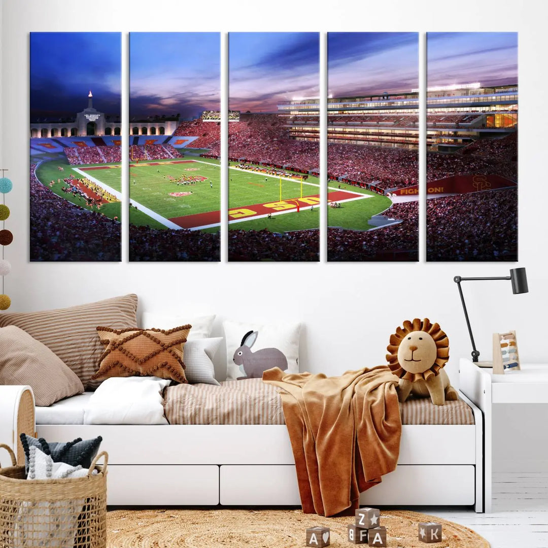 The University of Southern California USC Trojans Football Team Print - Los Angeles Memorial Coliseum Stadium Wall Art Canvas Print showcases a vibrant scene of the stadium at sunset. This gallery-quality piece on premium canvas brings an elegant and dynamic energy to your dining area.