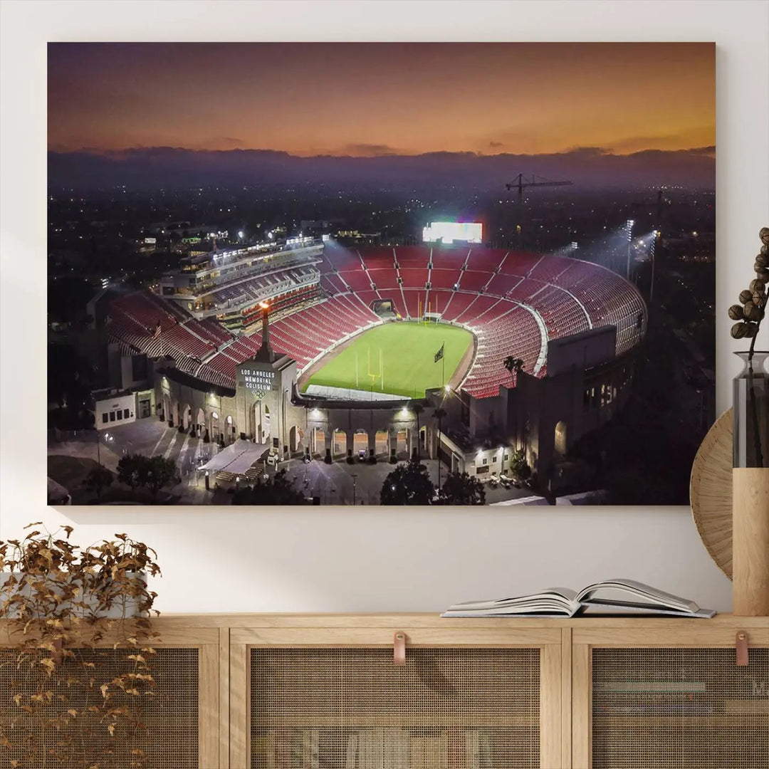 A triptych on the wall features the University of Southern California USC Trojans Football Team Print - Los Angeles Memorial Coliseum Stadium Wall Art Canvas Print, complete with a gallery-quality finish enhancing the vibrant scene.