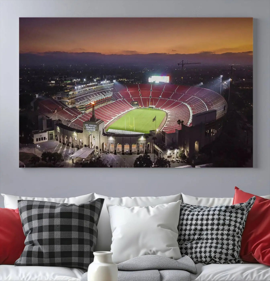 A triptych on the wall features the University of Southern California USC Trojans Football Team Print - Los Angeles Memorial Coliseum Stadium Wall Art Canvas Print, complete with a gallery-quality finish enhancing the vibrant scene.