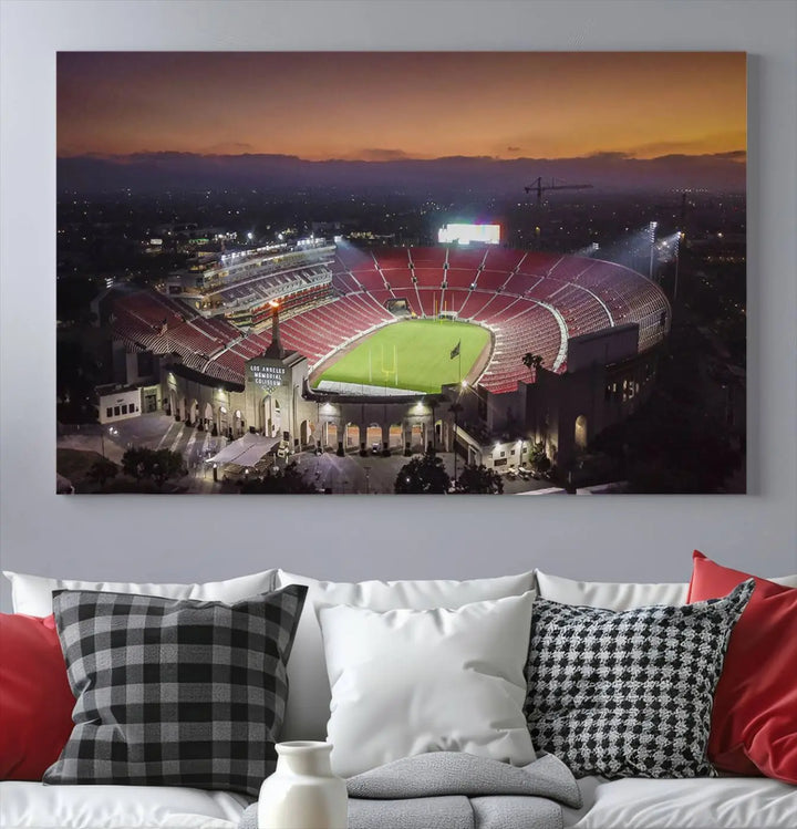 A triptych on the wall features the University of Southern California USC Trojans Football Team Print - Los Angeles Memorial Coliseum Stadium Wall Art Canvas Print, complete with a gallery-quality finish enhancing the vibrant scene.