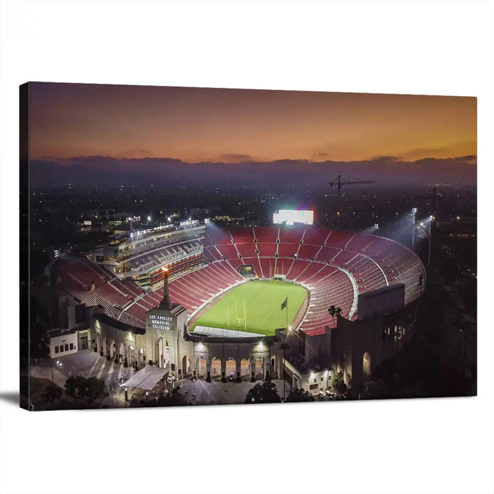 A triptych on the wall features the University of Southern California USC Trojans Football Team Print - Los Angeles Memorial Coliseum Stadium Wall Art Canvas Print, complete with a gallery-quality finish enhancing the vibrant scene.