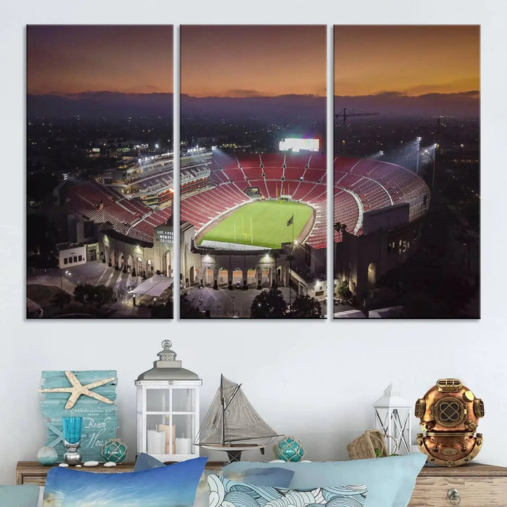 A triptych on the wall features the University of Southern California USC Trojans Football Team Print - Los Angeles Memorial Coliseum Stadium Wall Art Canvas Print, complete with a gallery-quality finish enhancing the vibrant scene.