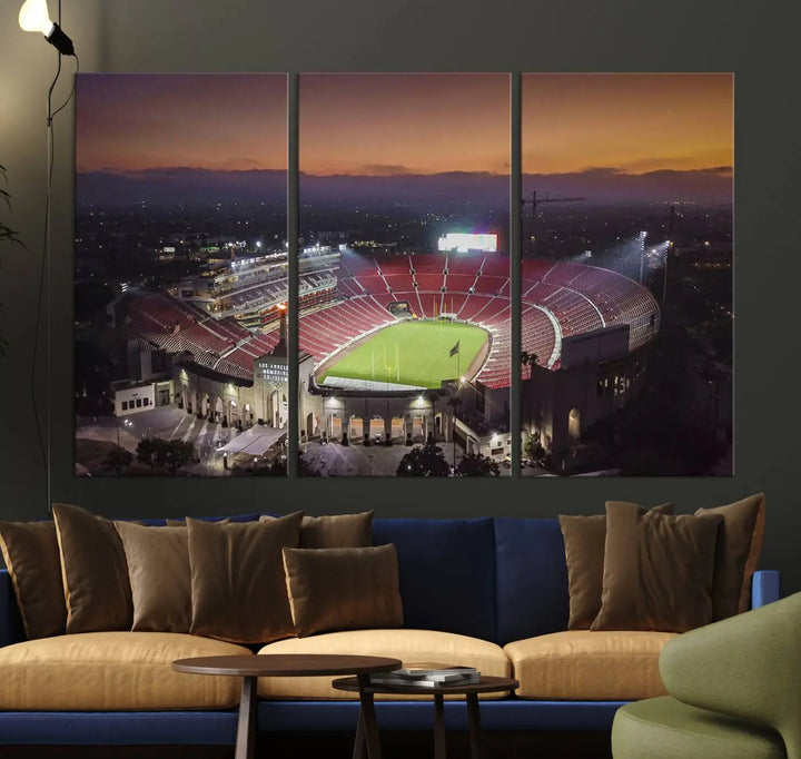 A triptych on the wall features the University of Southern California USC Trojans Football Team Print - Los Angeles Memorial Coliseum Stadium Wall Art Canvas Print, complete with a gallery-quality finish enhancing the vibrant scene.