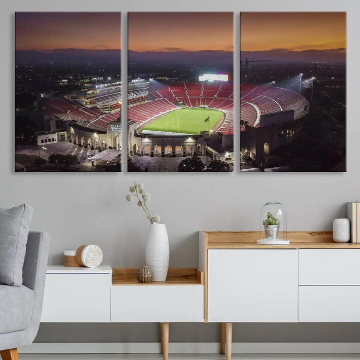 A triptych on the wall features the University of Southern California USC Trojans Football Team Print - Los Angeles Memorial Coliseum Stadium Wall Art Canvas Print, complete with a gallery-quality finish enhancing the vibrant scene.