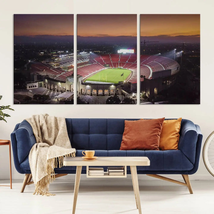 A triptych on the wall features the University of Southern California USC Trojans Football Team Print - Los Angeles Memorial Coliseum Stadium Wall Art Canvas Print, complete with a gallery-quality finish enhancing the vibrant scene.