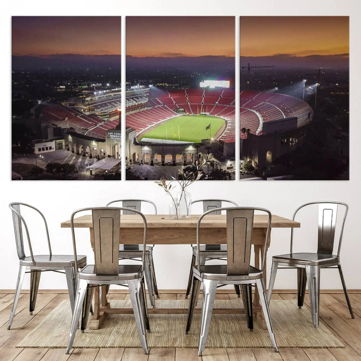 A triptych on the wall features the University of Southern California USC Trojans Football Team Print - Los Angeles Memorial Coliseum Stadium Wall Art Canvas Print, complete with a gallery-quality finish enhancing the vibrant scene.