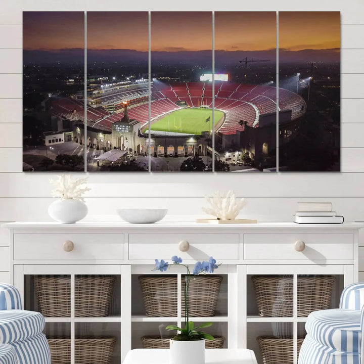 A triptych on the wall features the University of Southern California USC Trojans Football Team Print - Los Angeles Memorial Coliseum Stadium Wall Art Canvas Print, complete with a gallery-quality finish enhancing the vibrant scene.