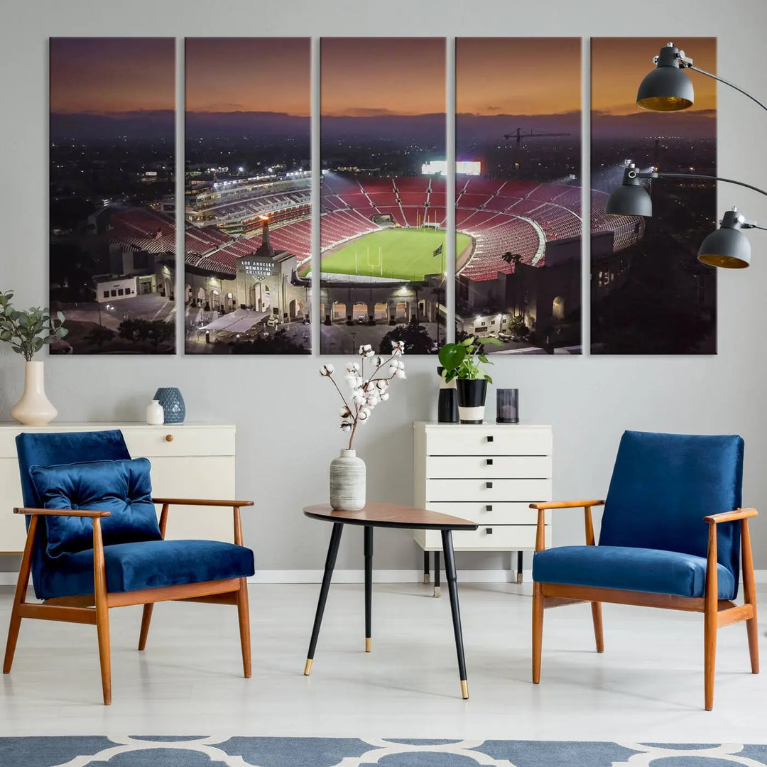 A triptych on the wall features the University of Southern California USC Trojans Football Team Print - Los Angeles Memorial Coliseum Stadium Wall Art Canvas Print, complete with a gallery-quality finish enhancing the vibrant scene.