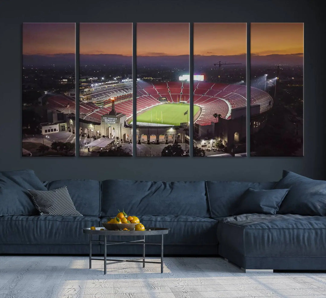 A triptych on the wall features the University of Southern California USC Trojans Football Team Print - Los Angeles Memorial Coliseum Stadium Wall Art Canvas Print, complete with a gallery-quality finish enhancing the vibrant scene.