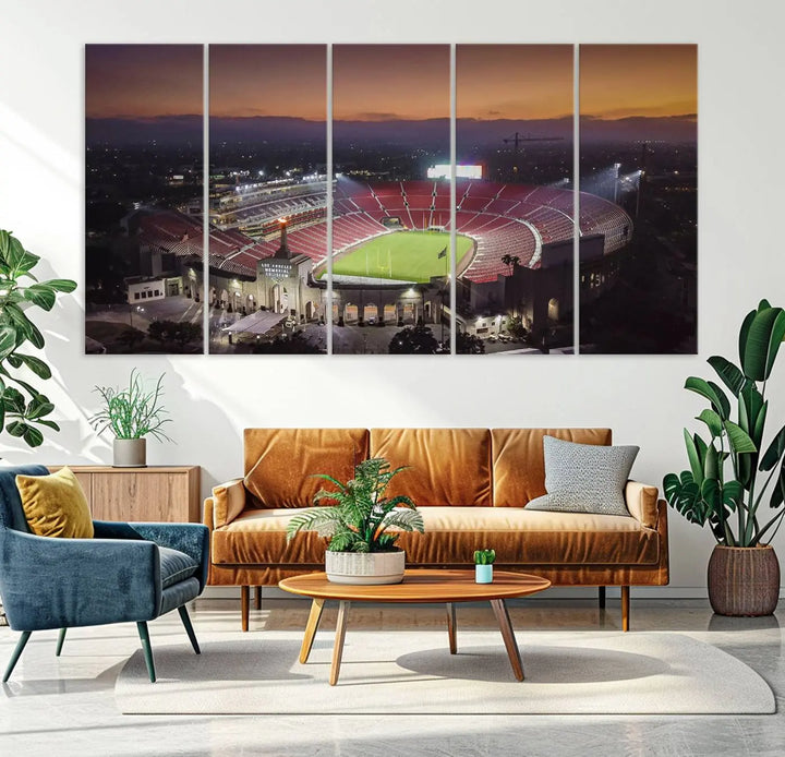 A triptych on the wall features the University of Southern California USC Trojans Football Team Print - Los Angeles Memorial Coliseum Stadium Wall Art Canvas Print, complete with a gallery-quality finish enhancing the vibrant scene.