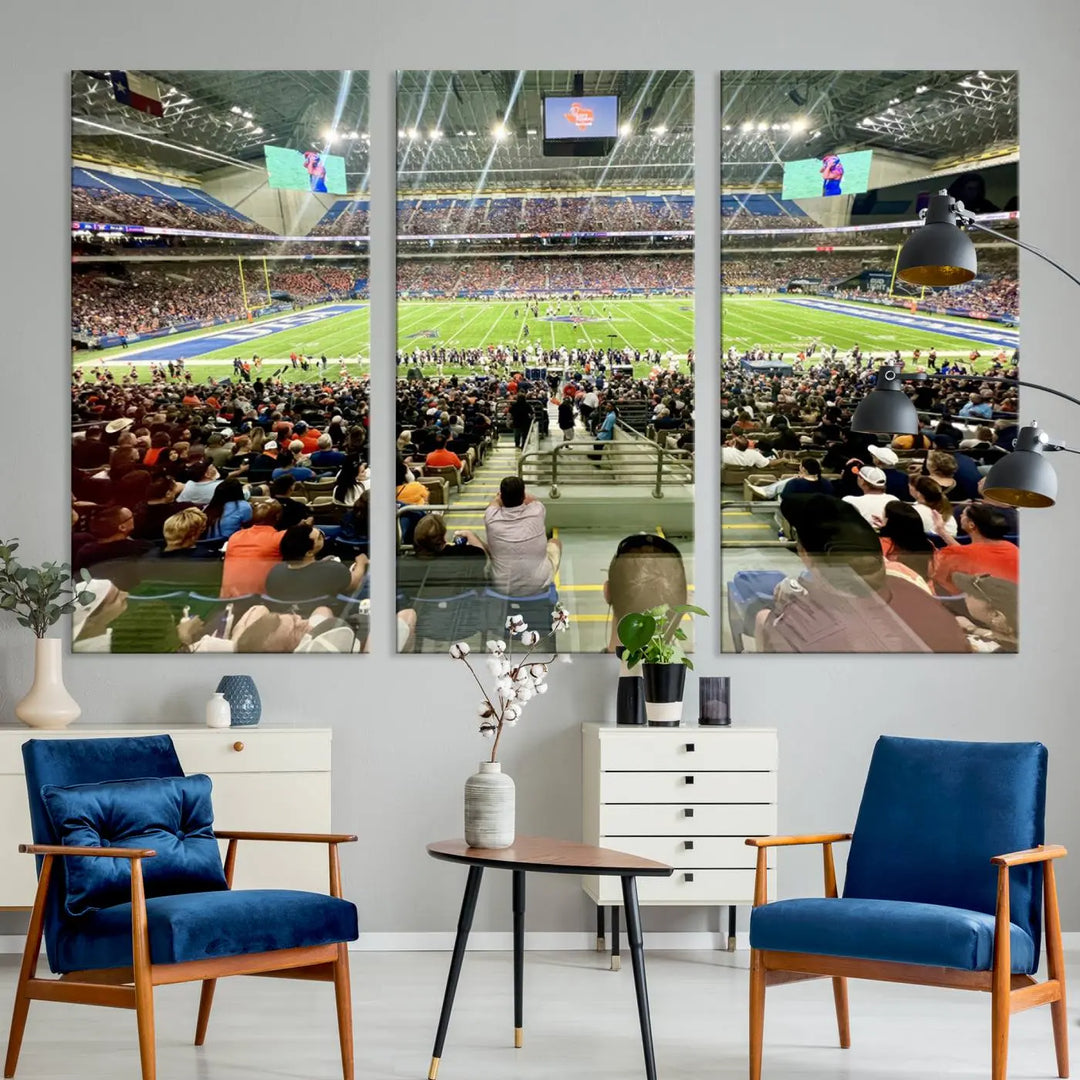 The living room features a large canvas print of the University of Texas at San Antonio Roadrunners football team, showcasing the San Antonio Alamodome. This museum-quality artwork enhances the space with its striking imagery.