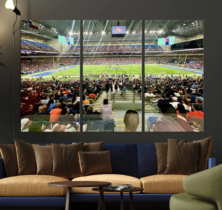 The living room features a large canvas print of the University of Texas at San Antonio Roadrunners football team, showcasing the San Antonio Alamodome. This museum-quality artwork enhances the space with its striking imagery.