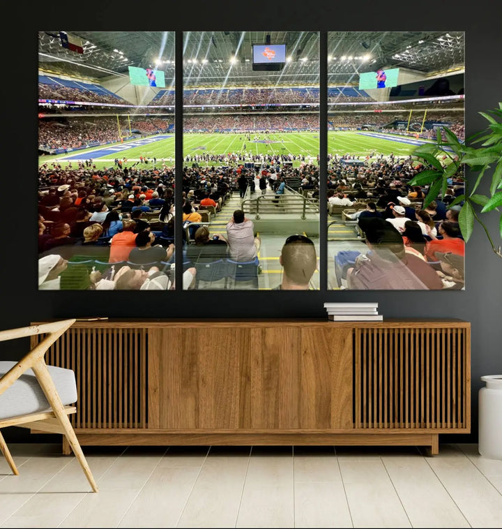 The living room features a large canvas print of the University of Texas at San Antonio Roadrunners football team, showcasing the San Antonio Alamodome. This museum-quality artwork enhances the space with its striking imagery.