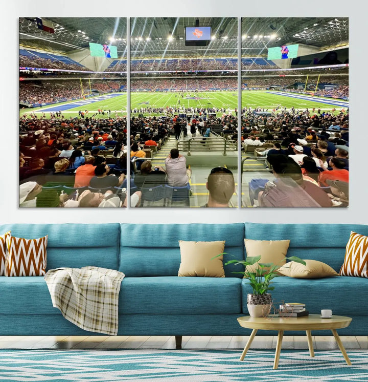 The living room features a large canvas print of the University of Texas at San Antonio Roadrunners football team, showcasing the San Antonio Alamodome. This museum-quality artwork enhances the space with its striking imagery.