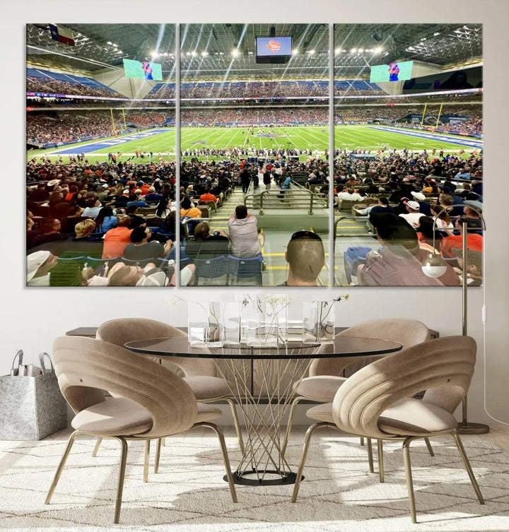 The living room features a large canvas print of the University of Texas at San Antonio Roadrunners football team, showcasing the San Antonio Alamodome. This museum-quality artwork enhances the space with its striking imagery.