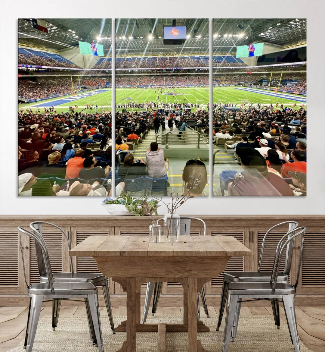 The living room features a large canvas print of the University of Texas at San Antonio Roadrunners football team, showcasing the San Antonio Alamodome. This museum-quality artwork enhances the space with its striking imagery.