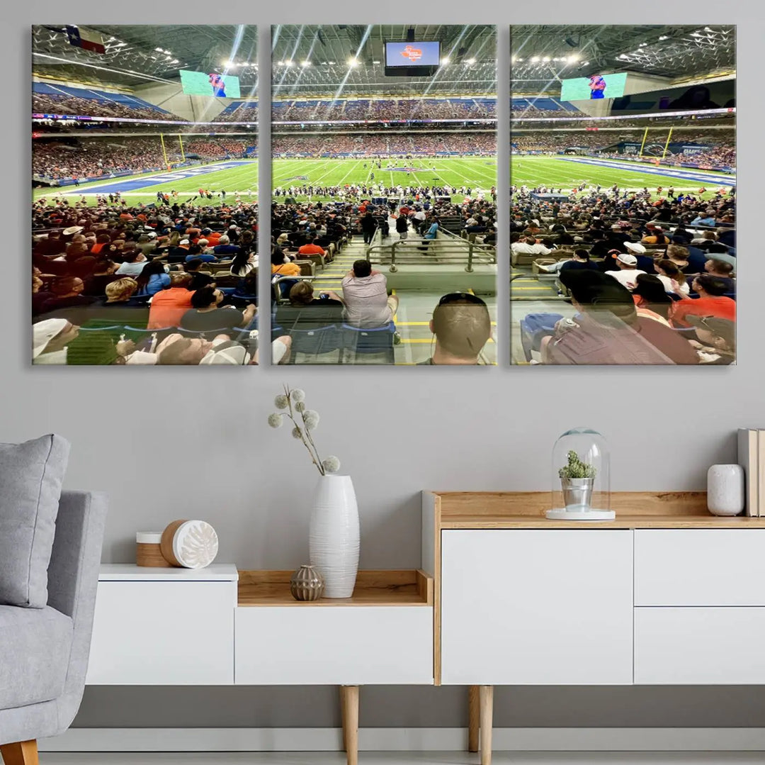 The living room features a large canvas print of the University of Texas at San Antonio Roadrunners football team, showcasing the San Antonio Alamodome. This museum-quality artwork enhances the space with its striking imagery.