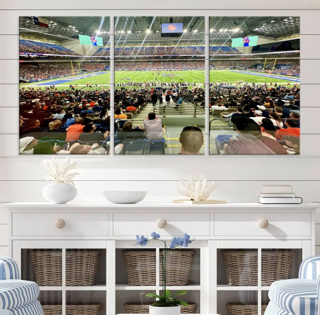 The living room features a large canvas print of the University of Texas at San Antonio Roadrunners football team, showcasing the San Antonio Alamodome. This museum-quality artwork enhances the space with its striking imagery.