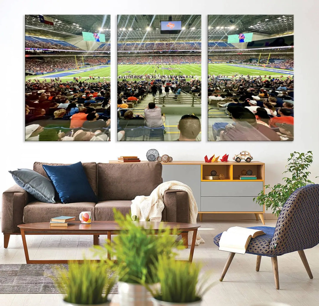 The living room features a large canvas print of the University of Texas at San Antonio Roadrunners football team, showcasing the San Antonio Alamodome. This museum-quality artwork enhances the space with its striking imagery.