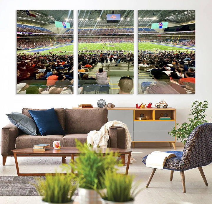 The living room features a large canvas print of the University of Texas at San Antonio Roadrunners football team, showcasing the San Antonio Alamodome. This museum-quality artwork enhances the space with its striking imagery.