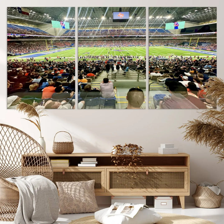 The living room features a large canvas print of the University of Texas at San Antonio Roadrunners football team, showcasing the San Antonio Alamodome. This museum-quality artwork enhances the space with its striking imagery.