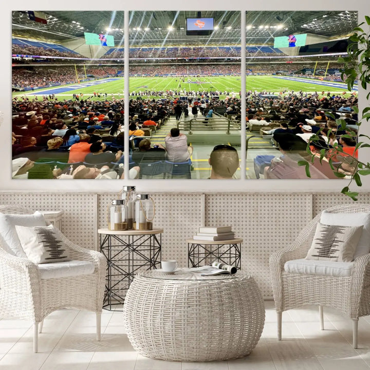 The living room features a large canvas print of the University of Texas at San Antonio Roadrunners football team, showcasing the San Antonio Alamodome. This museum-quality artwork enhances the space with its striking imagery.