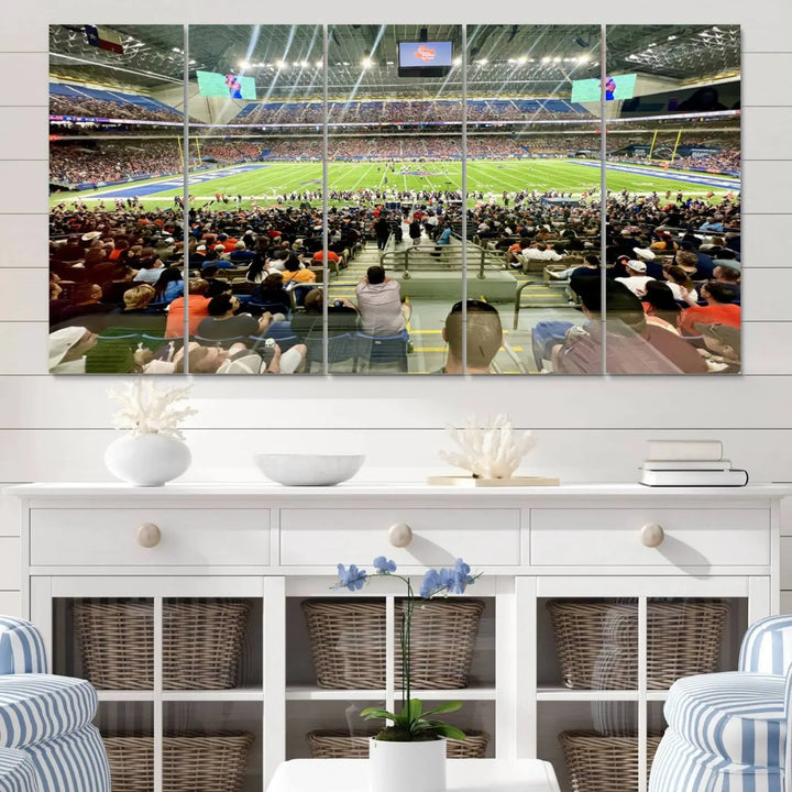 The living room features a large canvas print of the University of Texas at San Antonio Roadrunners football team, showcasing the San Antonio Alamodome. This museum-quality artwork enhances the space with its striking imagery.