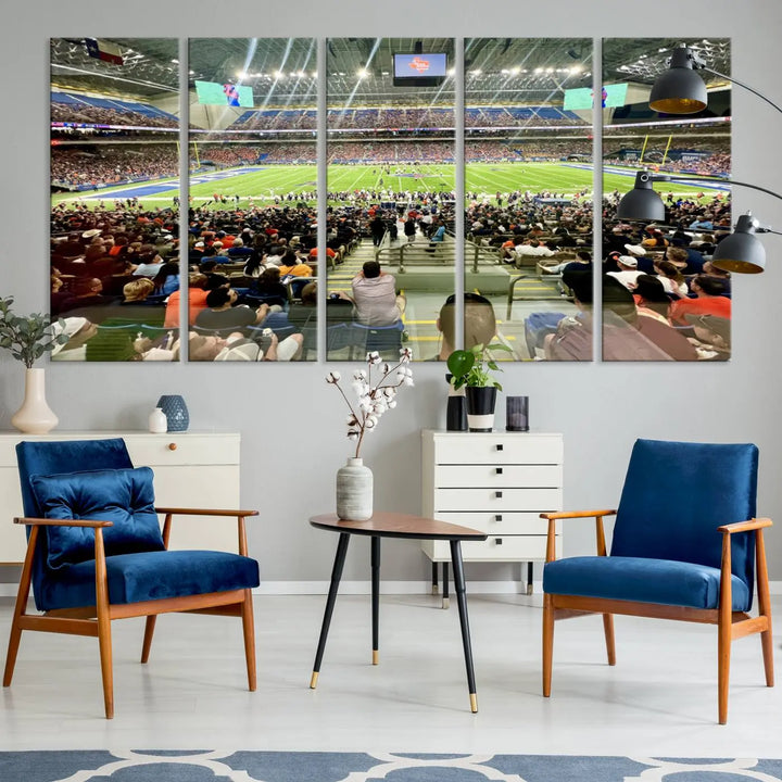 The living room features a large canvas print of the University of Texas at San Antonio Roadrunners football team, showcasing the San Antonio Alamodome. This museum-quality artwork enhances the space with its striking imagery.