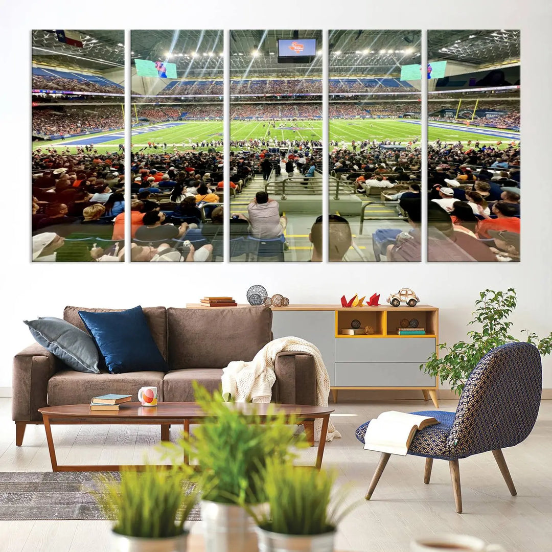 The living room features a large canvas print of the University of Texas at San Antonio Roadrunners football team, showcasing the San Antonio Alamodome. This museum-quality artwork enhances the space with its striking imagery.