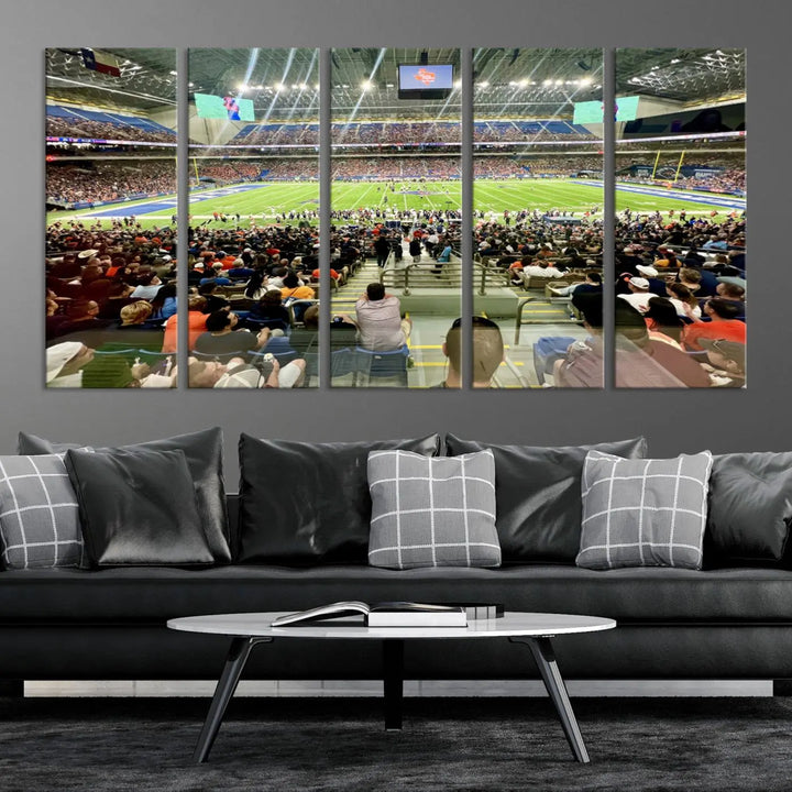 The living room features a large canvas print of the University of Texas at San Antonio Roadrunners football team, showcasing the San Antonio Alamodome. This museum-quality artwork enhances the space with its striking imagery.