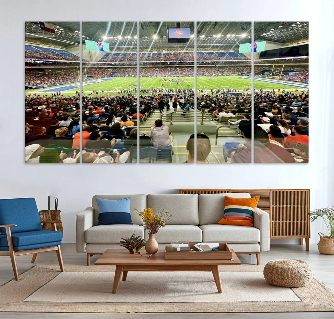 The living room features a large canvas print of the University of Texas at San Antonio Roadrunners football team, showcasing the San Antonio Alamodome. This museum-quality artwork enhances the space with its striking imagery.