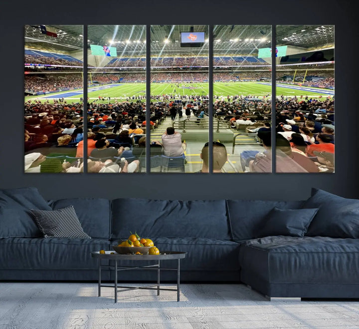 The living room features a large canvas print of the University of Texas at San Antonio Roadrunners football team, showcasing the San Antonio Alamodome. This museum-quality artwork enhances the space with its striking imagery.