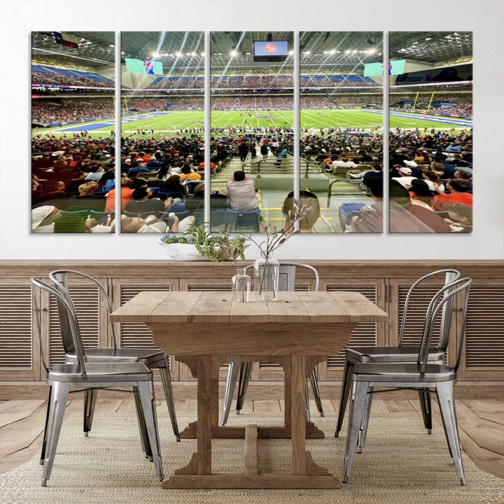 The living room features a large canvas print of the University of Texas at San Antonio Roadrunners football team, showcasing the San Antonio Alamodome. This museum-quality artwork enhances the space with its striking imagery.