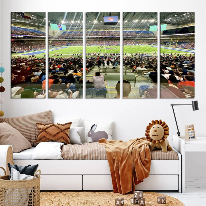 The living room features a large canvas print of the University of Texas at San Antonio Roadrunners football team, showcasing the San Antonio Alamodome. This museum-quality artwork enhances the space with its striking imagery.