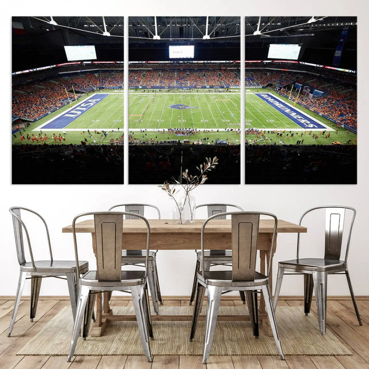 The living room features a large wall art of The University of Texas at San Antonio Roadrunners Football Team, capturing the vibrant atmosphere of the San Antonio Alamodome and printed with museum-quality precision.