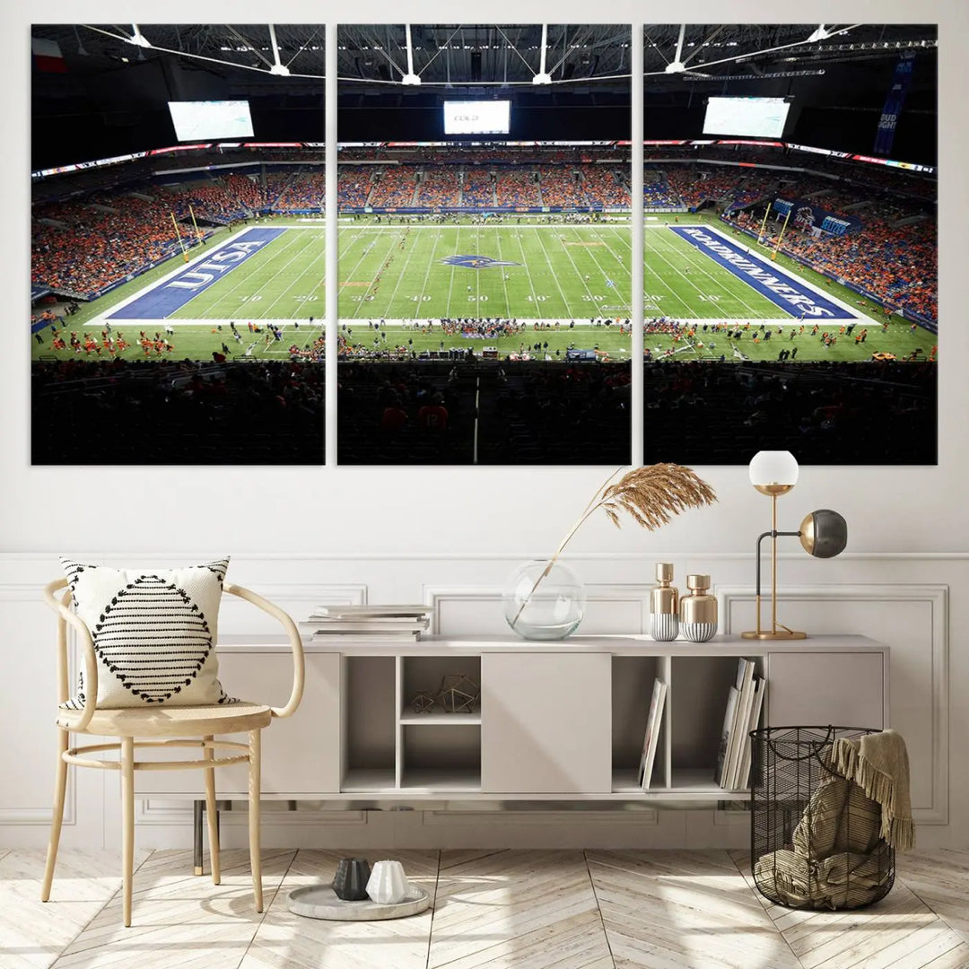 The living room features a large wall art of The University of Texas at San Antonio Roadrunners Football Team, capturing the vibrant atmosphere of the San Antonio Alamodome and printed with museum-quality precision.