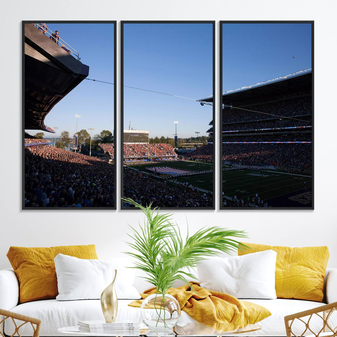 55028-MGV-FC-48X32-3P_Black-The University of Washington Huskies Football Team Print - Seattle Husky Stadium Wall Art Canvas Print