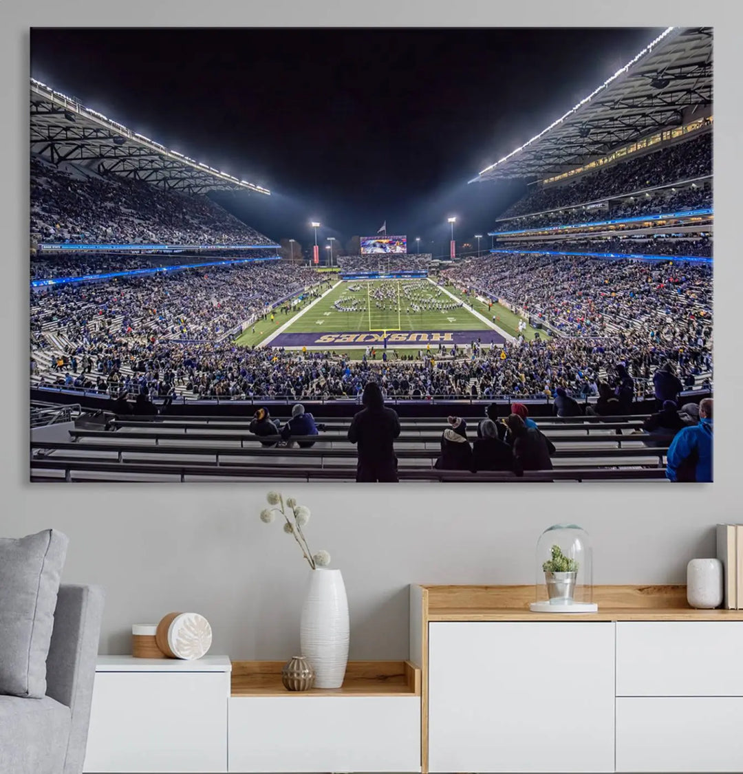 A large wall art canvas print of the University of Washington Huskies football team at Seattle Husky Stadium captures the spirit of adventure and serenity.