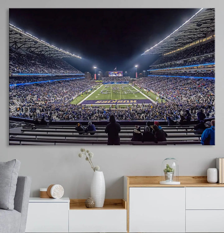 A large wall art canvas print of the University of Washington Huskies football team at Seattle Husky Stadium captures the spirit of adventure and serenity.